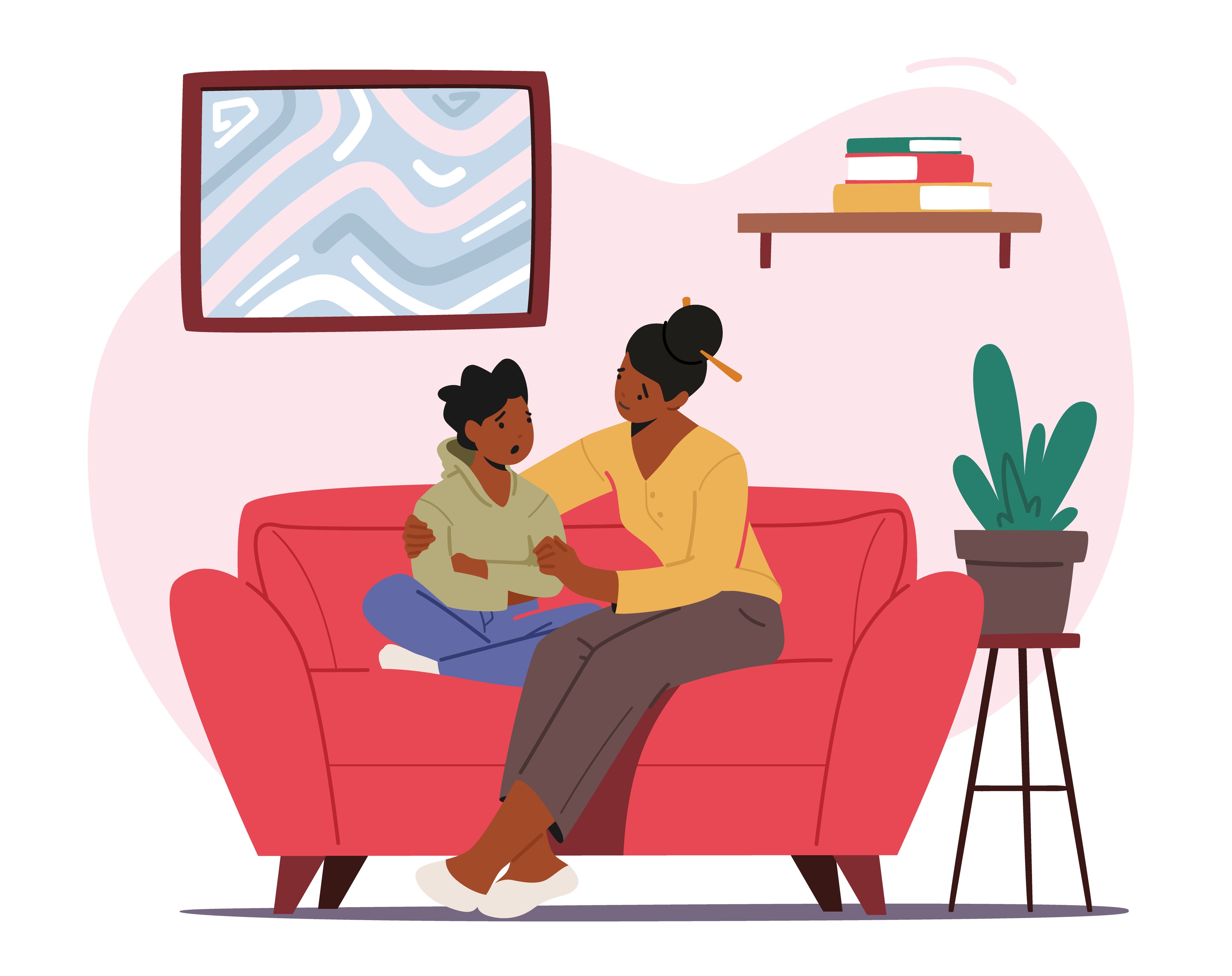 Mother and child embracing on a red couch in a cozy living room with curtains, bookshelf, and potted plant, conveying warmth and connection.