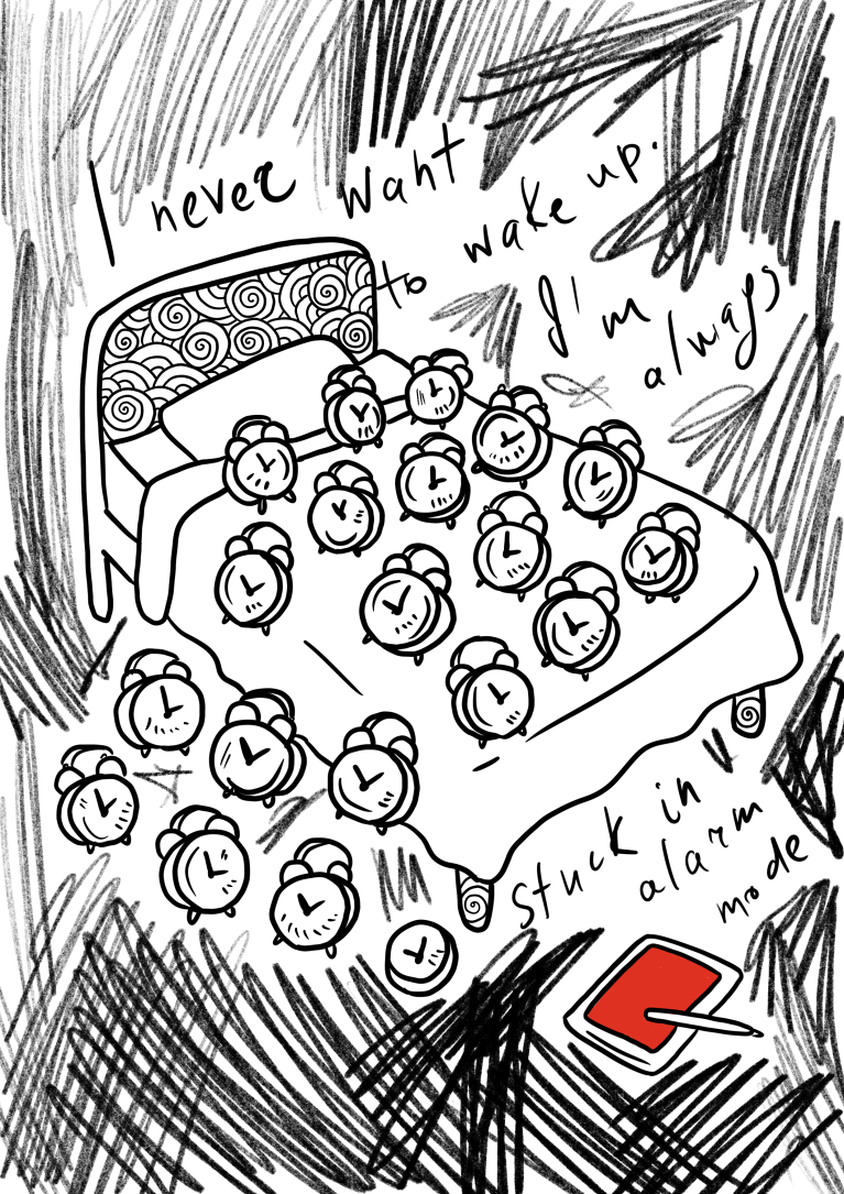 Tanya Guschina's art work, a bed with alarm clocks all over it and falling onto the floor, saying "I never want to wake up. I'm always in alarm mode"