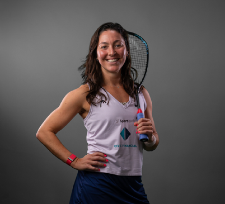 USA Squash player Amanda Sobhy in her athletic uniform and squash racket