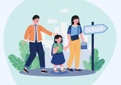 a mom and a dad take their daughter to school, sign that says school, little girl is wearing a uniform and backpack