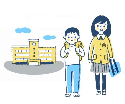 a boy in jeans and a tshirt and a girl in a jacket and a skirt, wearing backpacks, on their way to school