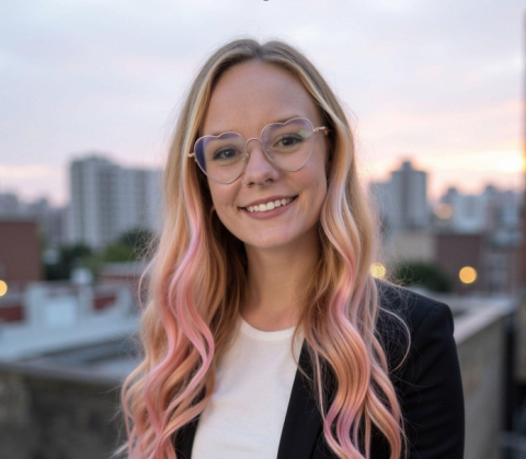 Girl with light pink hair wearing a suit coat standing on a roof top with the city and sunset in the background