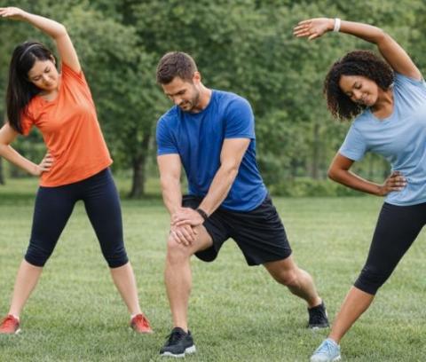 three people stretching before exercise